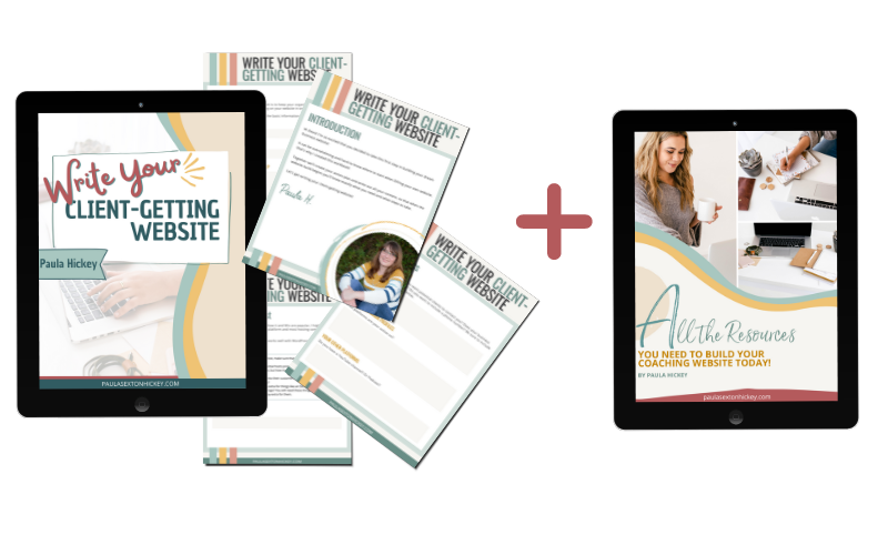 Mock up of Write Your Client Getting Website plus All the Resources by Paula Hickey